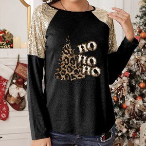 Sequin embellished Animal Leopard Print Ho Ho Ho Tree Christmas Shirt
